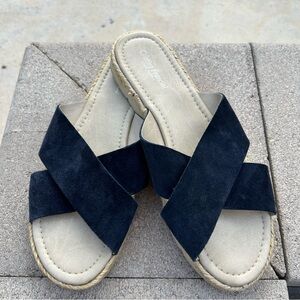 Cristina Francini Crossover Leather Espadrille Sandal Slides Shoes Navy Tan 10